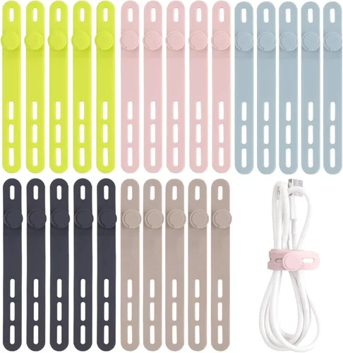 Miniatura 13 de Oligei 25 bridas de silicona para cables, reutilizables, de alta elasticidad para cables eléctricos, organizador de cables para auriculares