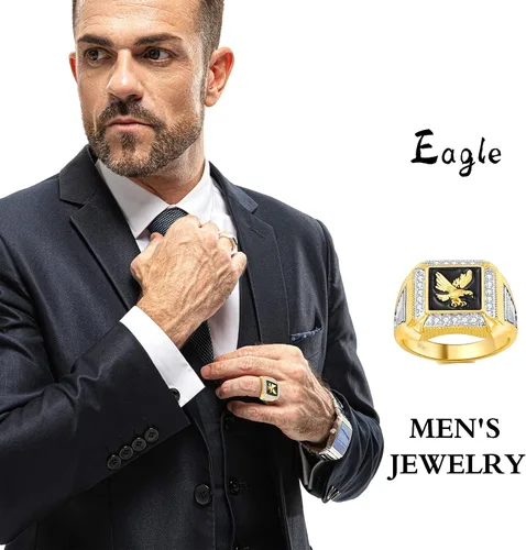 Miniatura 3 de Anillo de águila de oro de 14 quilates para hombre, circonita cúbica, anillo de águila americana