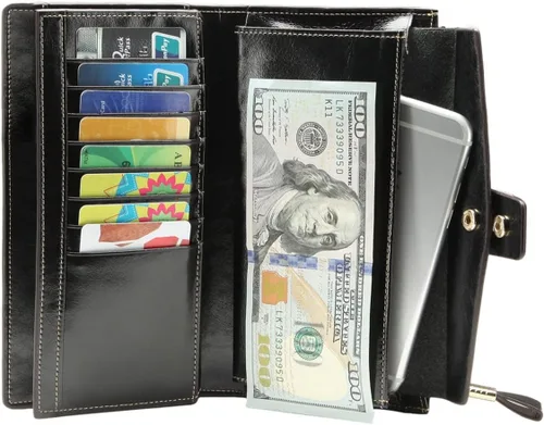 Miniatura 32 de Itslife - Cartera de piel sintética encerada para mujer con bloqueo de identificación de radio frecuencia (RFID), de gran capacidad, encerada