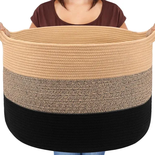 Maliton Cesta grande tejida para manta, 22 x 22 x 14 pulgadas, cesta de almacenamiento para organizar, cesta redonda de cuerda de algodón para