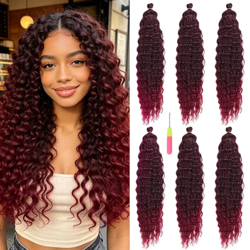 Miniatura 34 de MAYSA Extensiones de cabello sintético de ganchillo con ondas oceánicas, color 4 marrón, 22 pulgadas, rizado trenzado, extensiones de cabello