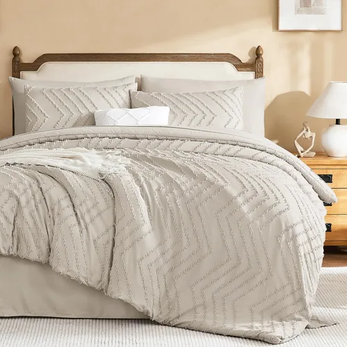 Litanika Juego de ropa de cama con edredón tamaño King con sábanas beige - Juego de 7 piezas en una bolsa, diseño King Chevron copetudo bohemio,