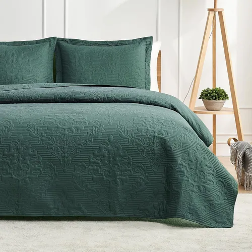 Miniatura 10 de Hansleep - Juego de edredón de tamaño King en verde oliva - Colcha de damasco ultrasónica para todas las estaciones, juego de ropa de cama suave