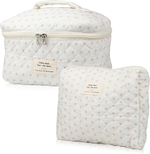 Miniatura 17 de NATINSA Linda bolsa de maquillaje para mujeres (2 piezas), bolsas de cosméticos de viaje, bolsa organizadora de aseo acolchada coqueta con flores