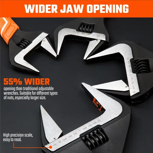 Miniatura 4 de Vanquish Llave ajustable de 8 pulgadas, llave de fontanería de apertura de mandíbula ancha de 1-1/2”, acero CR-V, con escala SAE y métrica marcada