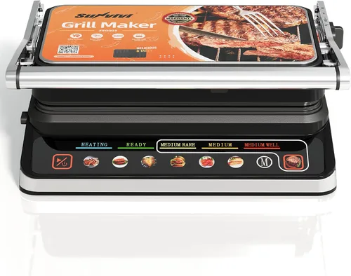Miniatura 9 de Parrilla y plancha para interiores 3 en 1: apertura plana de 180°, menú preestablecido, sandwichera de prensa Panini eléctrica de 1600 W con placas