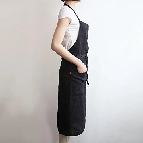 Miniatura 3 de Delantal de lino de 4 colores, unisex ajustable fácil cuidado casa simple largo delantal negro