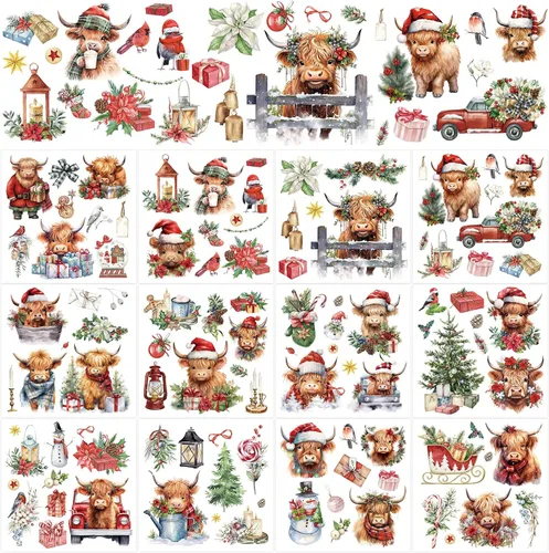 Miniatura 9 de Whaline 12 hojas de calcomanías de transferencia con diseño navideño clásico de acuarela, incluye muñeco de nieve, gnomo, Santa Claus, flores