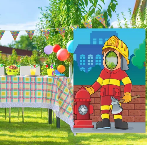 Cartel de fotos de bombero, fondo grande con cara de bombero para juego de simulación, fiesta, rescate, decoración temática para fiesta de primer