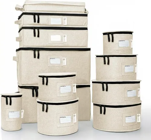 Miniatura 14 de Juego de 8 cajas de almacenamiento de China para vajilla, vasos, platos, tazas y platillos, organizador de platos resistente con divisores para Beige