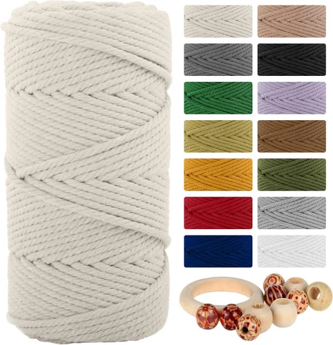 Miniatura 23 de Cordón de algodón macramé 5mmx109 yardas 4 hebras, Munzong Natural hecho a mano 4 cuerdas de algodón trenzadas para colgar en la pared, tejido