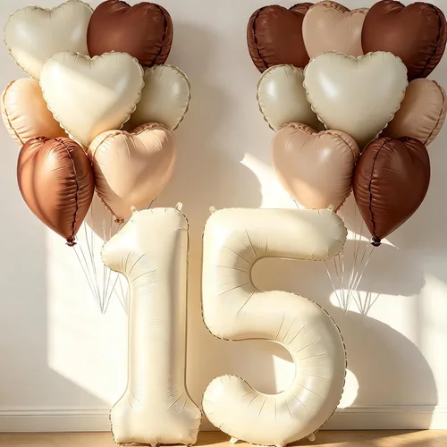 Miniatura 39 de Globos de 40 pulgadas color crema número 10, 17 piezas de globos de helio grandes con globos de corazón neutros crema nude caramelo beige marrón