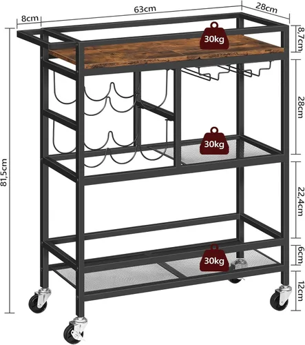 Miniatura 3 de MAHANCRIS Carrito de bar para el hogar, carrito de servicio de 3 niveles con ruedas y asa, carrito de bebidas con estante para vino y soportes