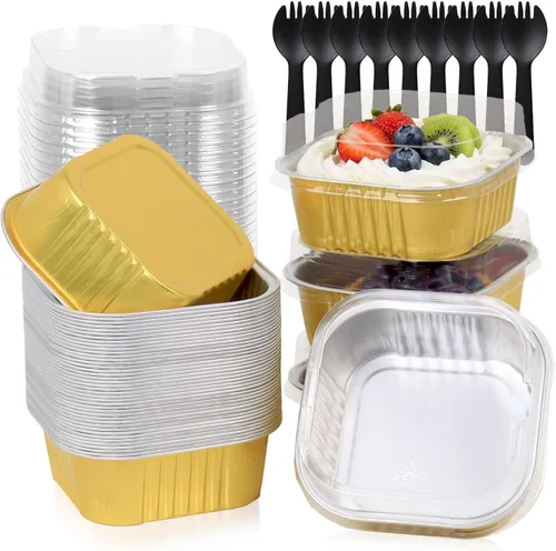 Miniatura 8 de FORBFAN Paquete de 150 mini moldes para pasteles de 10 onzas con tapas y cucharas, tazas cuadradas de postre de papel de aluminio negro y dorado