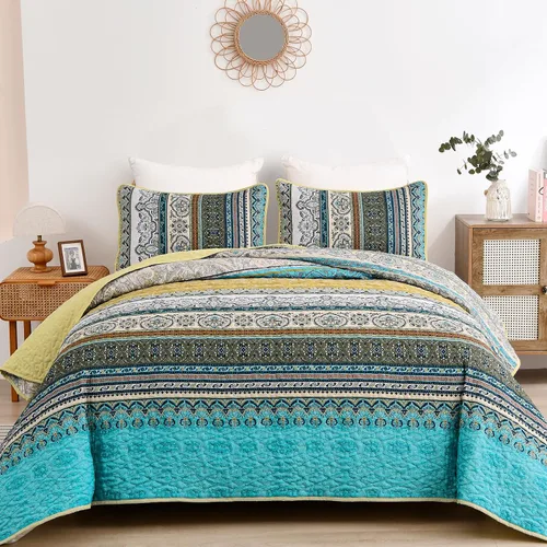 Miniatura 9 de WONGS BEDDING Juego de Colcha Morada Tamaño King, Juego de Colchas Bohemias a Rayas de 3 Piezas, Colcha Ligera de Microfibra para Todas las Púrpura