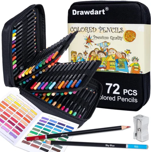 Drawdart - Lápices de colores para colorear para adultos, juego de 72 lápices profesionales de núcleo blando para dibujo, bosquejo, sombreado con 72
