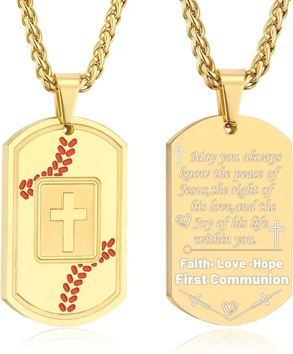 Miniatura 25 de Collar de cruz con versículo bíblico de béisbol, acero inoxidable, dije de cruz en tono negro/dorado/plateado, regalos religiosos, joyería deportiva