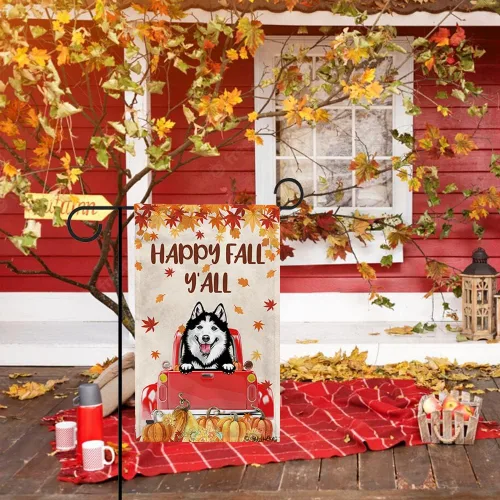 Miniatura 2 de Bandera con texto en inglés «Happy Fall Y'all» con diseño de perro inteligente con calabaza en camión rojo y hojas de arce, pancarta de otoño