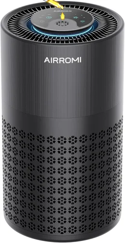 Purificador de aire AIRROMI para dormitorio con filtro HEPA 3-en-1, purificador de aire para mascotas para el olor a orina de gato en el hogar, Negro