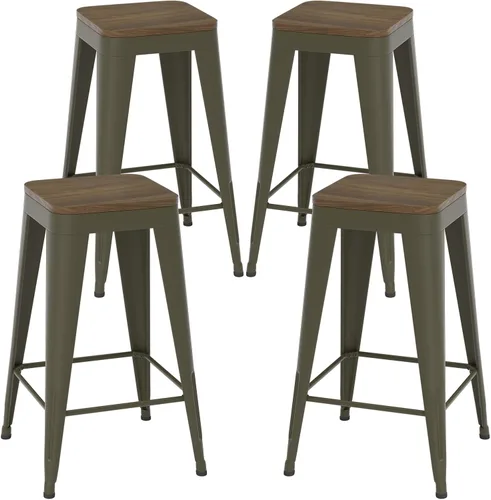 Miniatura 16 de Juego de 4 taburetes de bar de metal, taburetes de bar con respaldo alto con asiento de madera, taburetes de bar negros de 24 pulgadas para isla