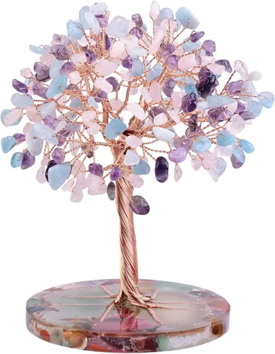 Miniatura 12 de Nupuyai Árbol de dinero de piedra de cristal aguamarina envuelto en rodajas redondas de ágata orgónica, árbol de la vida, bonsái de Feng Shui