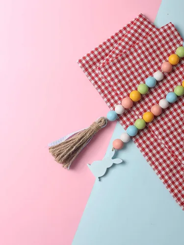 Miniatura 8 de Guirnalda de cuentas de madera de Pascua con borlas y etiqueta de conejo, cuentas de madera de estilo granja para decoraciones de bandeja