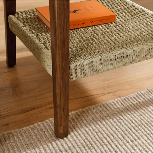 Miniatura 4 de Mesa auxiliar moderna de 2 niveles con estante tejido, mesa auxiliar pequeña bohemia para sala de estar, sofá, patio, oficina en casa, mesa Nogal_2