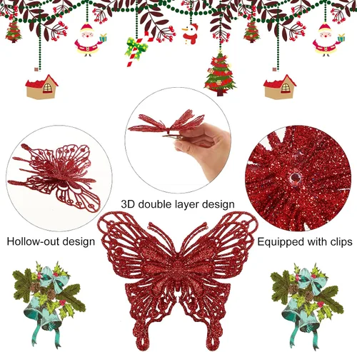 Miniatura 4 de 15 adornos para árbol de Navidad de mariposa con purpurina, mariposa hueca con clips, adornos de Navidad para manualidades, árbol de Navidad