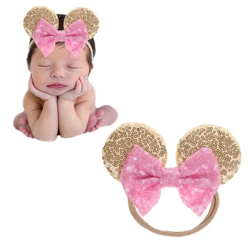 Miniatura 11 de Diadema de orejas de ratón con lazo de lentejuelas, banda elástica suave para el pelo, diadema de fiesta para bebés, niñas recién nacidas, niños
