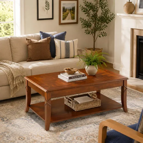 Miniatura 6 de Mesa de centro de madera maciza con estante de almacenamiento, mesa de centro rectangular moderna de mediados de siglo para sala de estar, mesa