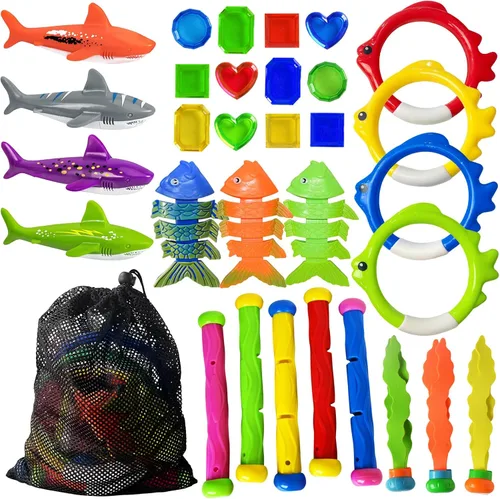 Jasonwell Juguetes de buceo en la piscina, 31 piezas de juguetes de piscina para niños y adolescentes con anillos de buceo, palos de buceo, tesoros