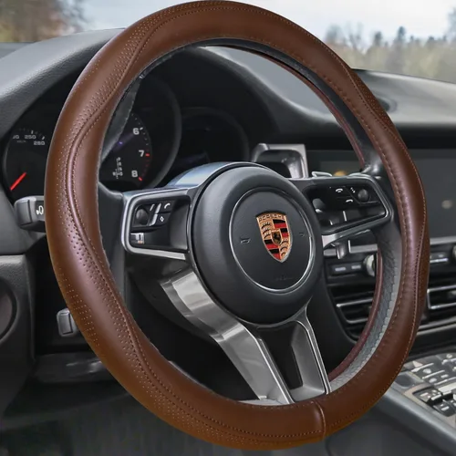 Miniatura 8 de HAOKAY Funda de volante de cuero genuino beige de alta calidad para hombres y mujeres, funda de volante de lujo para automóviles, SUV y camiones