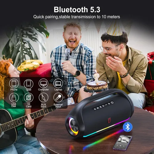 Miniatura 3 de HWWR Altavoz Bluetooth portátil con 2 micrófonos inalámbricos, sistema de altavoces portátiles ruidosos, graves profundos, corte de eco y voz, IPX5