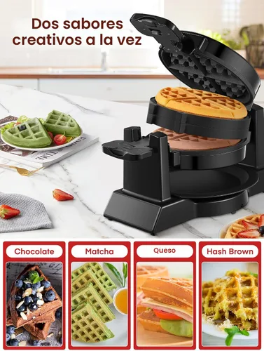 Miniatura 4 de Máquina para hacer gofres, plancha para gofres belga doble de 1400 W, giro de 180°, 8 rebanadas en 3 minutos, platos giratorios y antiadherentes