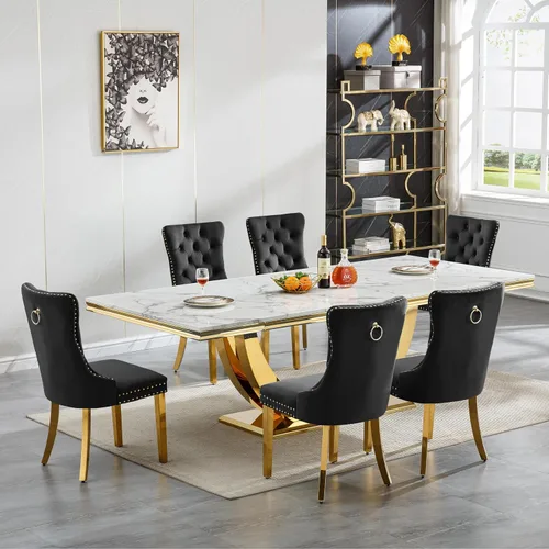 Miniatura 9 de Juego de mesa de comedor grande y moderna de mármol sintético blanco de 94.5 pulgadas, juego de mesa de comedor de 10 piezas con 10 sillas tapizadas