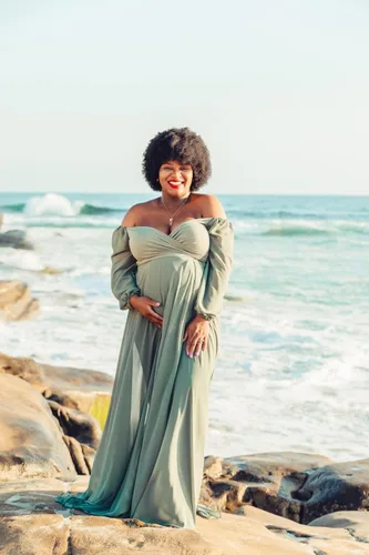 Miniatura 3 de Fivsole Vestido de maternidad de manga larga de gasa para sesión de fotos, hombros descubiertos, vestidos de maternidad para embarazo, vestidos