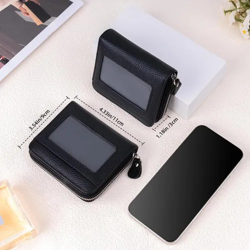 Miniatura 5 de XINNSTAR Billetera pequeña genuina para mujer, tarjetero delgado con bloqueo RFID con ventana para identificación, monederos compactos para mujer