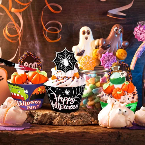 Miniatura 2 de 164 envoltorios para cupcakes de Halloween, tela de araña, calabaza, zombi, tartas de mano, suministros de decoración de fiesta