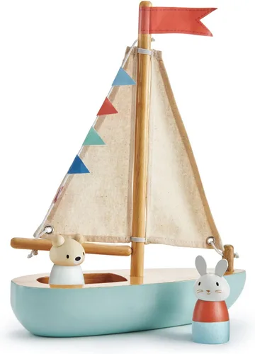 Tender Leaf Toys - Sailaway Boat - Juego educativo de barco de vela de madera con 2 figuras de animales para niños, promueve el juego imaginativo y