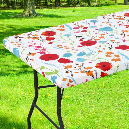 Miniatura 46 de Smiry Mantel cuadrado para mesa de pícnic, impermeable, elástico, ajustable, para campamento, protector de vinilo con parte trasera de franela Beige
