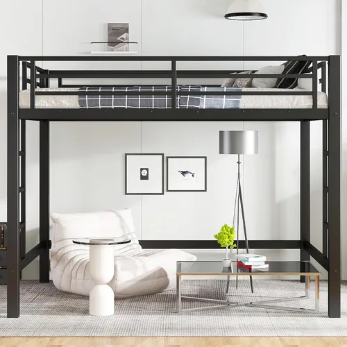 Miniatura 12 de Twin Size Metal Loft Bed with Open Space Underneath, Heavy Duty Bed Frame with 2 Ladders and Tall Guardrail for Adults, Kids and Young Teens, Black