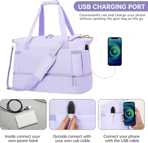 Miniatura 4 de Bolsa de viaje para mujer y hombre, púrpura, (E-Purple), Bolsa de fin de semana con puerto de carga USB