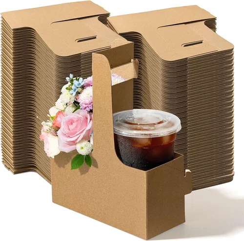 FMP Brands Portavasos desechable de 2 tazas con asa, paquete de 15 portavasos con asa de cartón kraft de 12-30 oz, soporte para vasos de café para