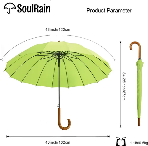 Miniatura 38 de SoulRain Paraguas de palo de 16 varillas de 48 pulgadas, apertura automática, color sólido, moderno y simple, mango de madera clásico de arco