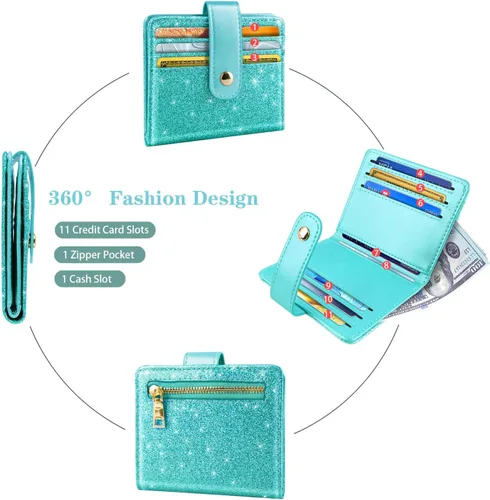 Miniatura 5 de Simikol Billeteras pequeñas para mujer Slim Minimalistfor Bifold Credit Card Holder para bolsillo o monedero, Glitter Tiffany