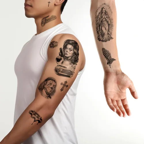 Miniatura 2 de Los Vatos Chicano Vol. I - Cholo y Chola Tatuajes Temporales Para Hombres Mujeres, Payasa, Lowrider, Virgen María, Oración, Cruz, Chicana, Gángster