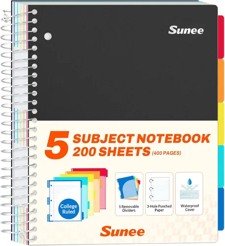 SUNEE Cuaderno de 5 materias con rayas universitarias, 400 páginas, 9 x 11 pulgadas, 5 divisores de colores de bolsillo, papel perforado de 3 Negro