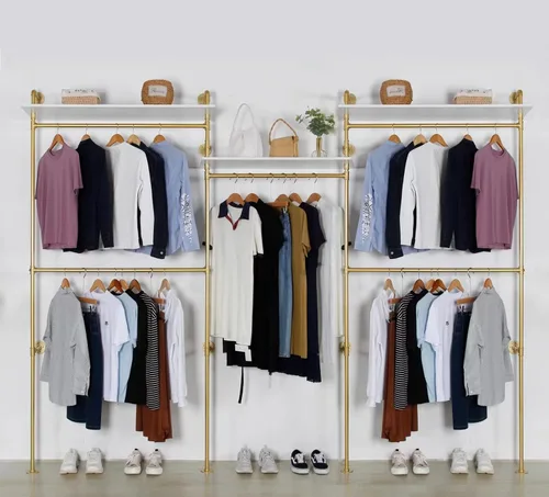 Miniatura 12 de Perchero Industrial de Tubería con 2 Estantes, Perchero de Ropa de Servicio Pesado Montado en Pared Soportes de Exhibición de Tienda de Ropa