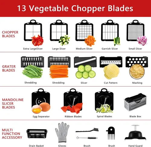 Miniatura 2 de Picador de verduras 25 en 1 con 13 cuchillas, cortador de mandolina, picador de alimentos con recipiente, rallador de queso, picador de cebolla