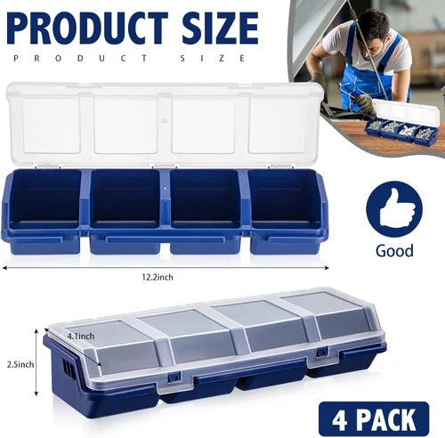 Miniatura 2 de Hushee Caja organizadora de tornillos de 4 piezas con tapa, 4 compartimentos, organizador de piezas pequeñas, de plástico, apilable, tuercas y Azul